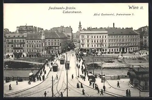 AK Wien, Strassenbahnen auf der Ferdinands-Brücke, Blick in die Taborstrasse