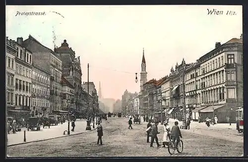 AK Wien, Praterstrasse mit Strassenbahn und Radfahrer