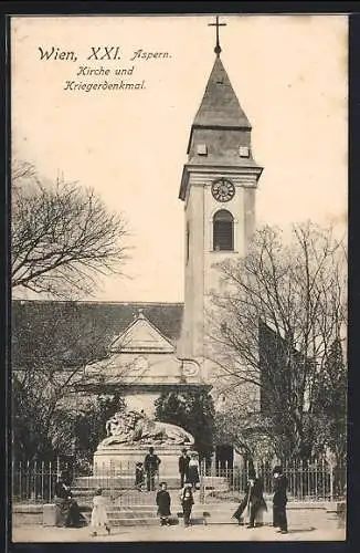 AK Wien, Aspern, Kirche und Kriegerdenkmal