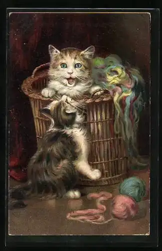 Künstler-AK Zwei Katzen spielen im Wollkorb