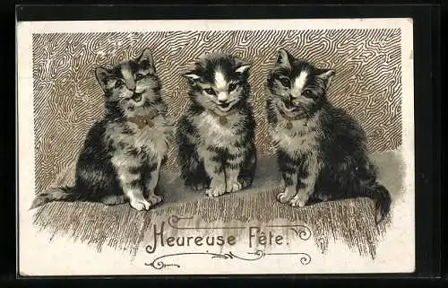 AK Drei getigerte Katzen maunzen, Geburtstagsgruss