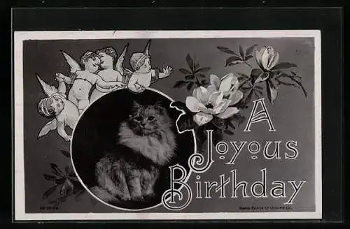 AK A Joyous Birthday, langhaarige Katze, Engelchen