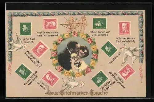 Künstler-AK Briefmarkensprache, Liebespaar mit Blumenkranz