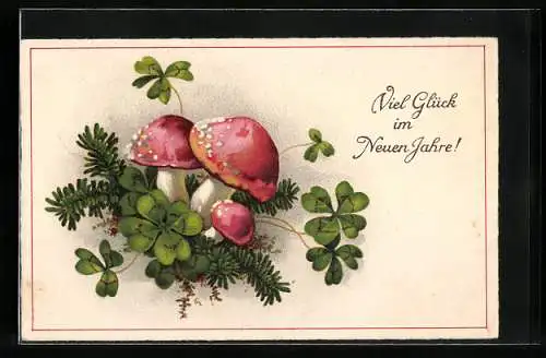 AK Viel Glück im Neuen Jahr, Fliegenpilze und Kleeblätter