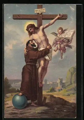 AK S. Franciscus de Assissi bei Jesus am Kreuz mit zwei Engeln