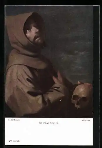 Künstler-AK St. Franziskus, Portrait des Heiligen mit Totenkopf