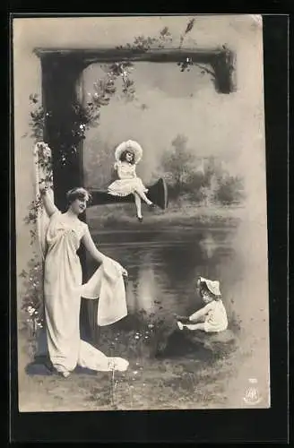 Foto-AK NPG NR: 195, Buchstabe F, Frau mit Kindern am See