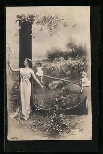 Foto-AK NPG Nr. 195: Buchstabe L, Frau und zwei Kinder auf der Wippe