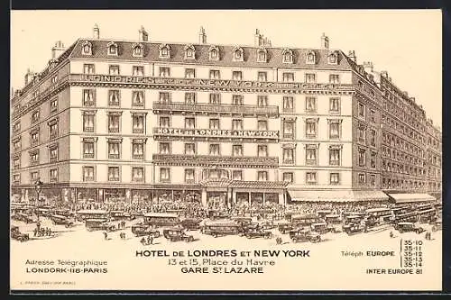 Künstler-AK Paris, Hotel de Londres et New York, 13-15 Place du Havre