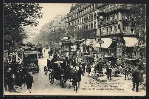 AK Paris, Le Carrefour Montmartre dit le Carrefour des Ecrasés, vue sur le Boulevard Montmartre