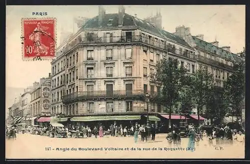 AK Paris, Angle du Boulevard Voltaire et de la rue de la Roquette