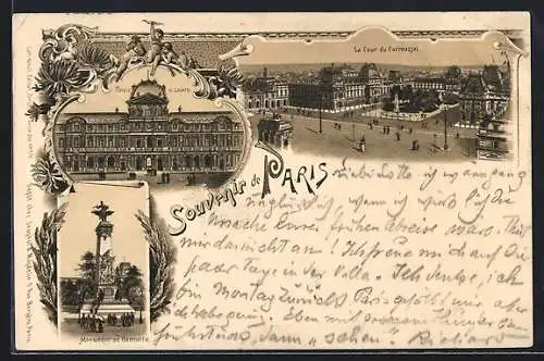 Lithographie Paris I, Palais du Louvre, La Cour du Caroussel, Monument de Gambetta