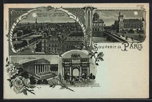 Mondschein-Lithographie Paris, Le Pont au Change et le Palais de Justice, la Madeleine, L`Arc de Triomphe