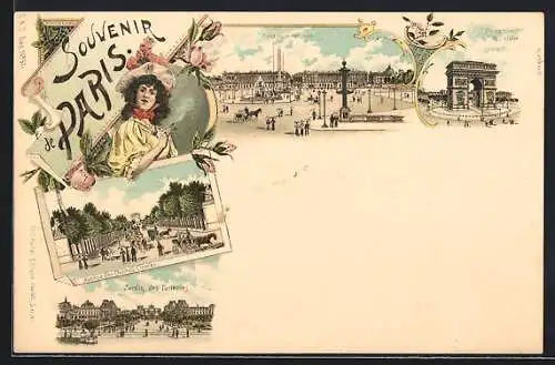 Lithographie Paris, Avenue des Champs Elysées, Jardin des Tuileries, Place de la Concorde, Arc de Triomphe