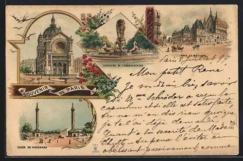 Lithographie Paris, Fontaine de l`Observatoire, St. Augustin, Cours de Vincennes, Arts et Métiers