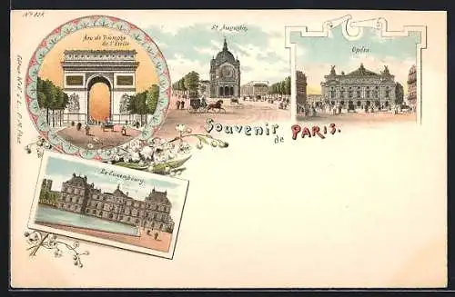 Lithographie Paris, Arc de Triomphe de l`Etoile, St. Augustin, Opéra, le Luxembourg