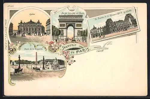 Lithographie Paris I, Opera, Arc de Triomphe de l`Etoile, Place de la Concorde, Le Louvre et le Monument de Gambetto