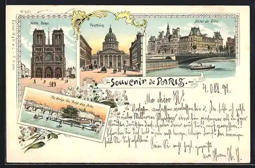 Lithographie Paris, Notre Dame, Panthéon, Hotel de Ville, la Seine du Pont des Arts