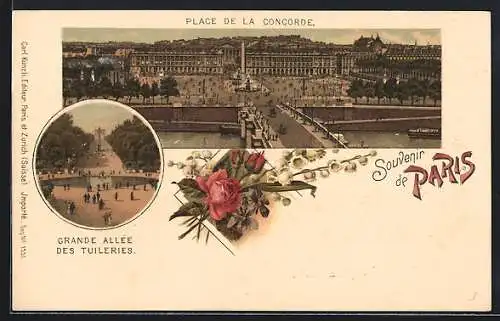 Lithographie Paris VII, Grande Allee des Tuileries, Place de la Concorde