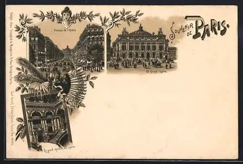 Lithographie Paris, Avenue de l`Opéra, le Grand l`opéra, le grand escalier de l`opéra