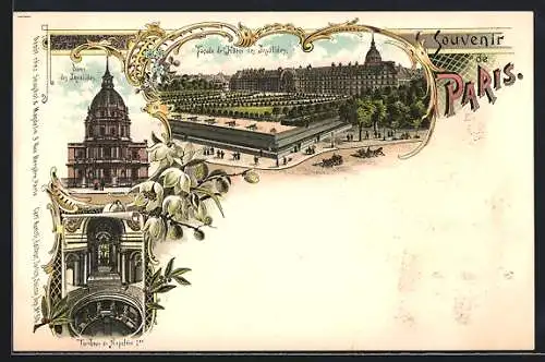 Lithographie Paris, Dome des Invalides, tombeau de Napoleon, facade de l`hôtel des Invalides, Pferdekutsche