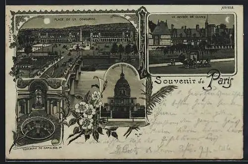 Mondschein-Lithographie Paris, Place de la Concorde, Le Musée de Cluny, Dome des Invalides