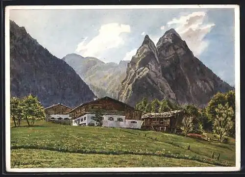 Künstler-AK Königssee / Berchtesgaden, Gebäude gegen Grünstein