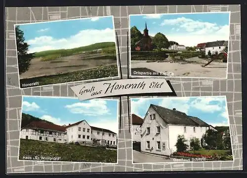 AK Honerath / Adenau, Gasthaus Schmitz, Ortspartie mit Kapelle, Haus St. Willibrord