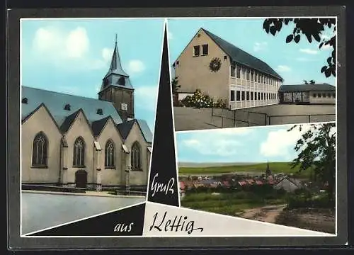 AK Kettig, Kirche, Schule und Ortsansicht aus der Vogelschau