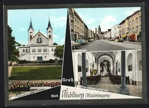 AK Vilsbiburg /Niederbayern, Stadtplatz, Wallfahrtskirche Maria Hilf mit Innenansicht