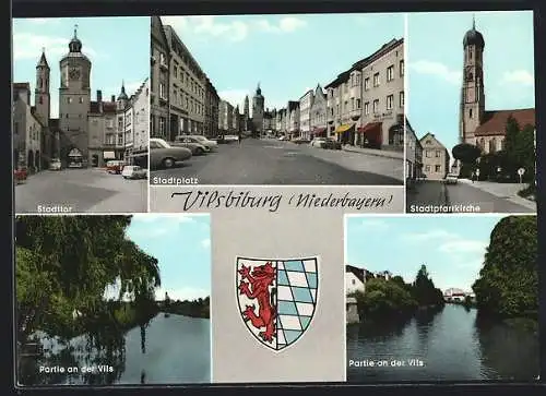 AK Vilsbiburg /Niederbayern, Stadtplatz, Stadttor, Stadtpfarrkirche, Partie an der Vils, Wappen