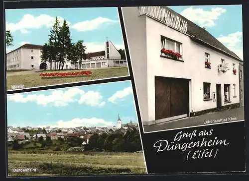 AK Düngenheim /Eifel, Lebensmittelgeschäft Klee, Kloster, Ortsansicht aus der Vogelschau