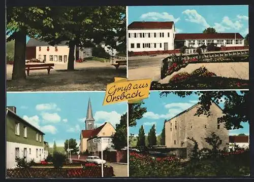 AK Aachen-Orsbach, Ortspartie mit Kirche, Schule und Brücke