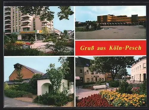 AK Köln-Pesch, Hochhaus mit Brillengeschäft Hermes, Gasthaus Vogel mit Strassenpartie