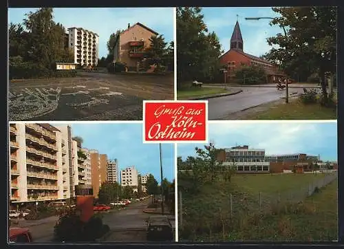 AK Köln-Ostheim, Strassenpartie mit Wohnsiedlung, Kirche, Schule