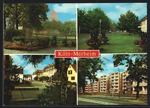 AK Köln-Merheim, Denkmal mit Blick auf die Kirche, Wohnsiedlung, Strassenpartie