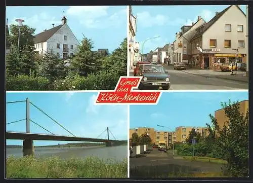 AK Köln-Merkenich, Strassenpartie mit Kiosk, Rheinbrücke, Neubausiedlung