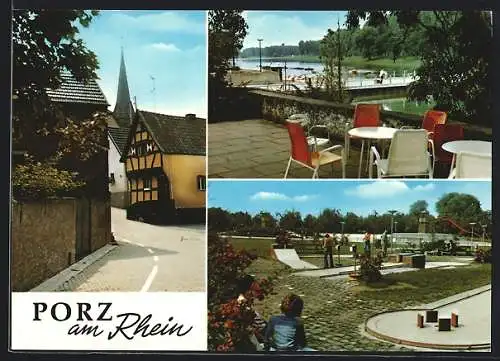 AK Köln-Porz, Minigolfplatz, Strassenpartie mit Fachwerkhaus, Restaurant mit Terrasse