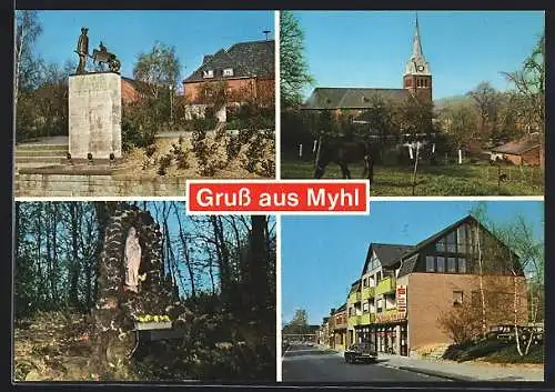 AK Myhl, Denkmal, Strassenpartie mit Kreissparkasse, Kirche mit Pferd auf der Weide