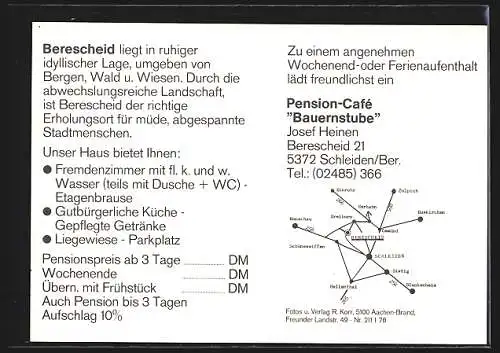 AK Schleiden /Berescheid, Pension-Café Bauernstube v. Josef Heinen, mit Innenansichten