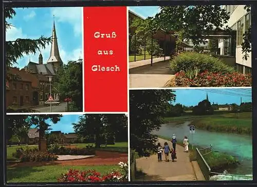 AK Glesch, Uferpartie, Denkmal im Park, Blick auf die Kirche