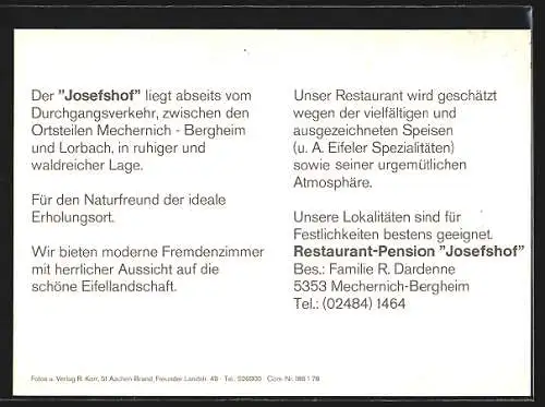 AK Mechernich-Bergheim, Restaurant-Pension Josefshof, Bes. Fam. R. Dardenne