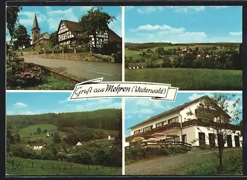 AK Mehren /Westerwald, Restaurant, Strassenpartie mit Kirche, Ortsansicht