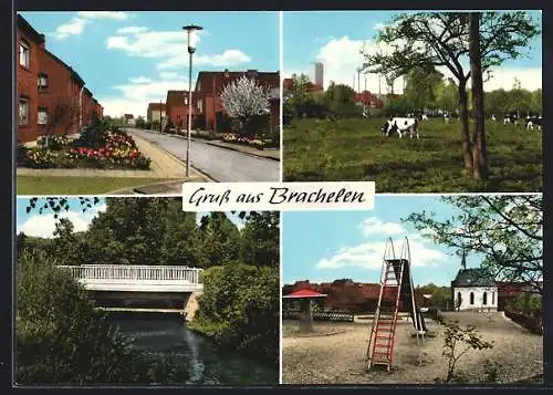 AK Brachelen, Spielplatz, Strassenpartie mit Wohnhäusern, Flusspartie mit Brücke