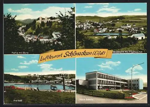 AK Schönecken, Partie mit Burg, Freibad und Neue Schule