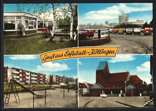 AK Köttingen /Erftstadt, Spielplatz mit Wohnsiedlung, Kirche, Parkplatz