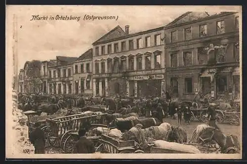 AK Ortelsburg /Ostpreussen, Geschäftiges Treiben auf dem Markt