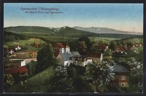 AK Agnetendorf i. Riesengebirge, Ortsansicht mit Beyers Hotel und Schneegruben