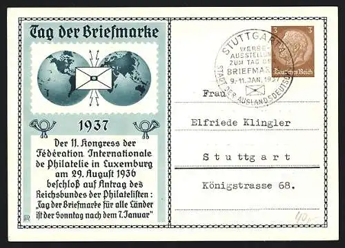AK Stempel Stuttgart, Werbeausstellung zum Tag der Briefmarke 1937, Ganzsache