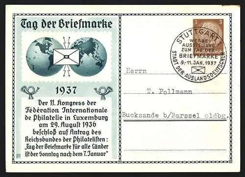 AK Stempel Stuttgart, Werbeausstellung zum Tag der Briefmarke 1937, Ganzsache